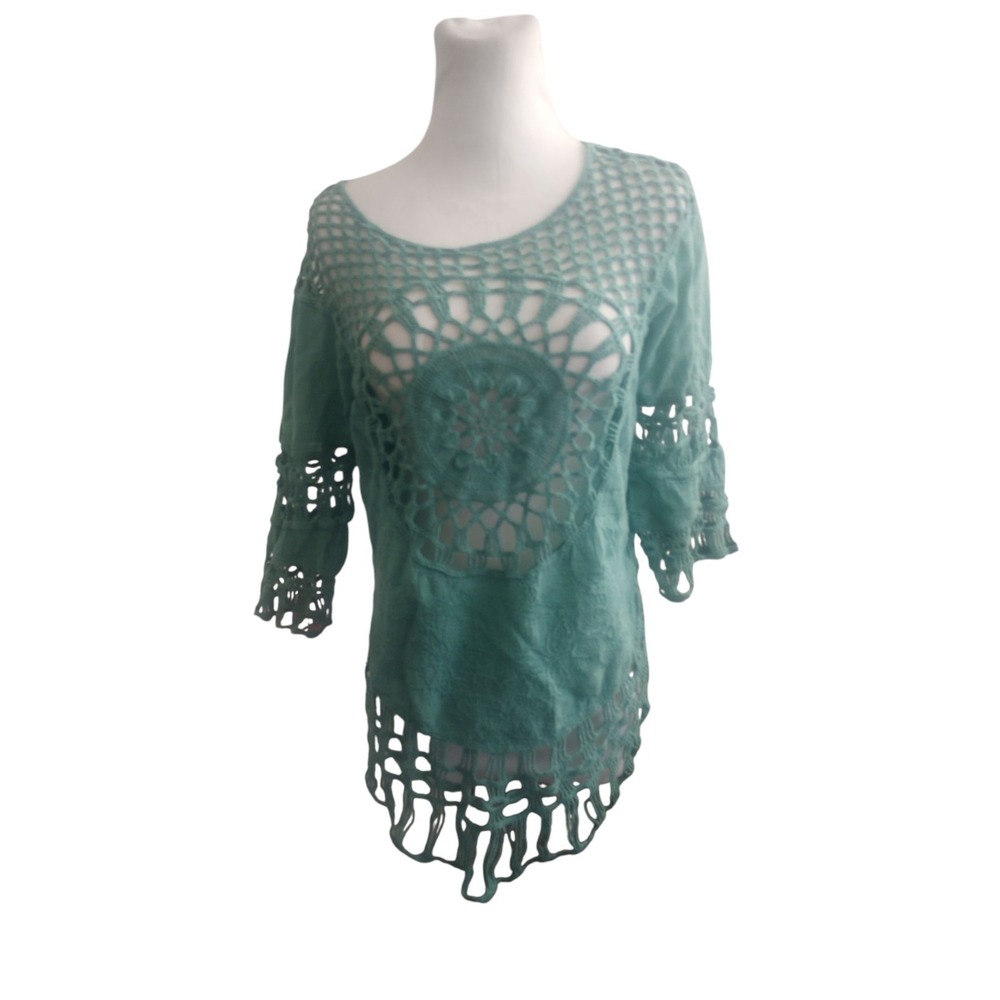 Venus Crochet teal Blue Embroidered Size S/M Cotton Beach Top Boho Hippie 70s